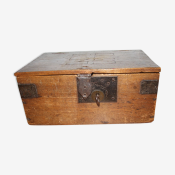 Old box with inscription, fittings, lock and key