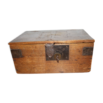 Old box with inscription, fittings, lock and key