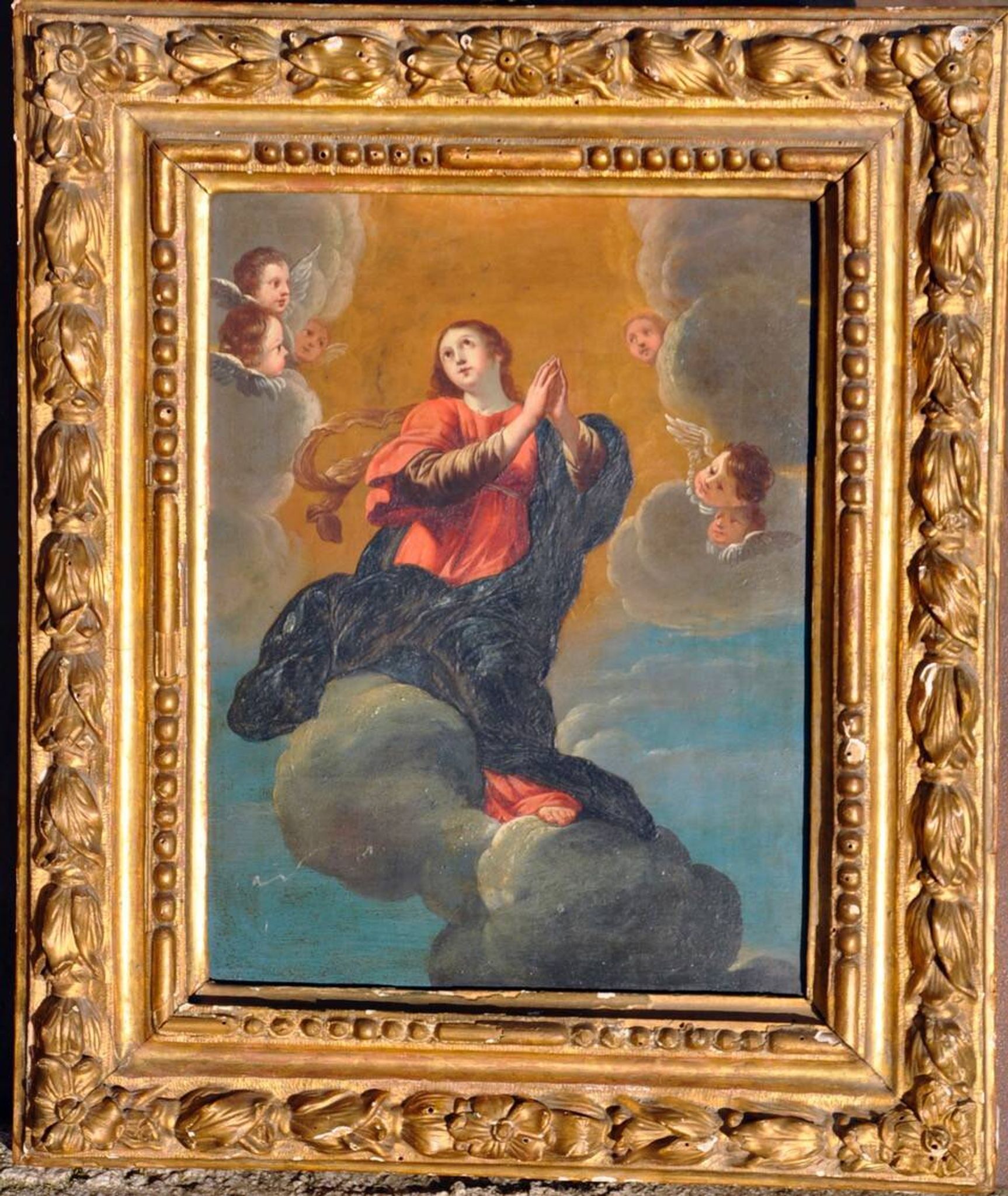 Oil on hammered copper depicting the Assumption of the Virgin, 17th century
