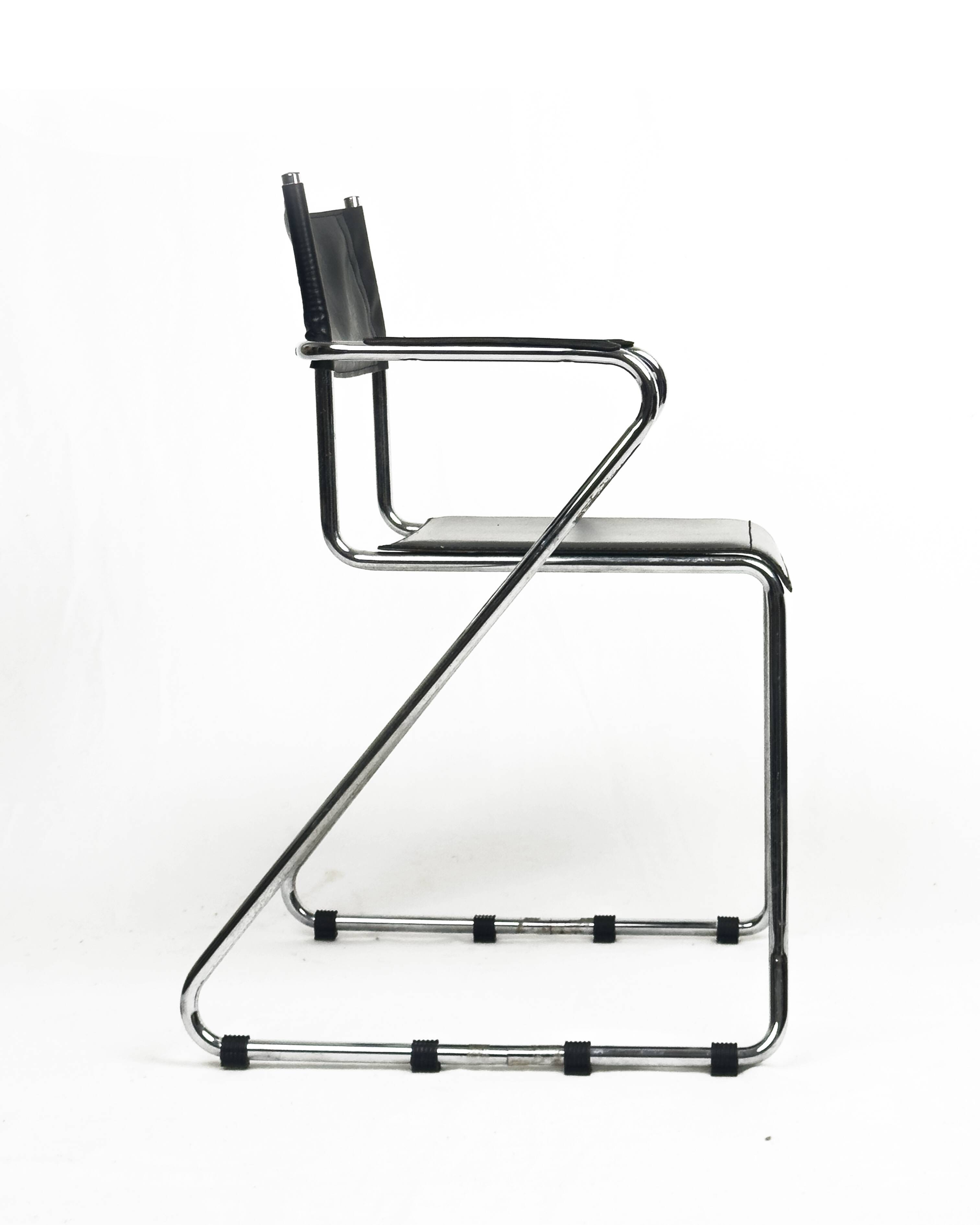 Vintage Cantilever Black Leather and Chrome Armchair , Set of 4