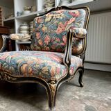 Louis XV style marquise in black and gold wood and jacquard, Napoléon III period.