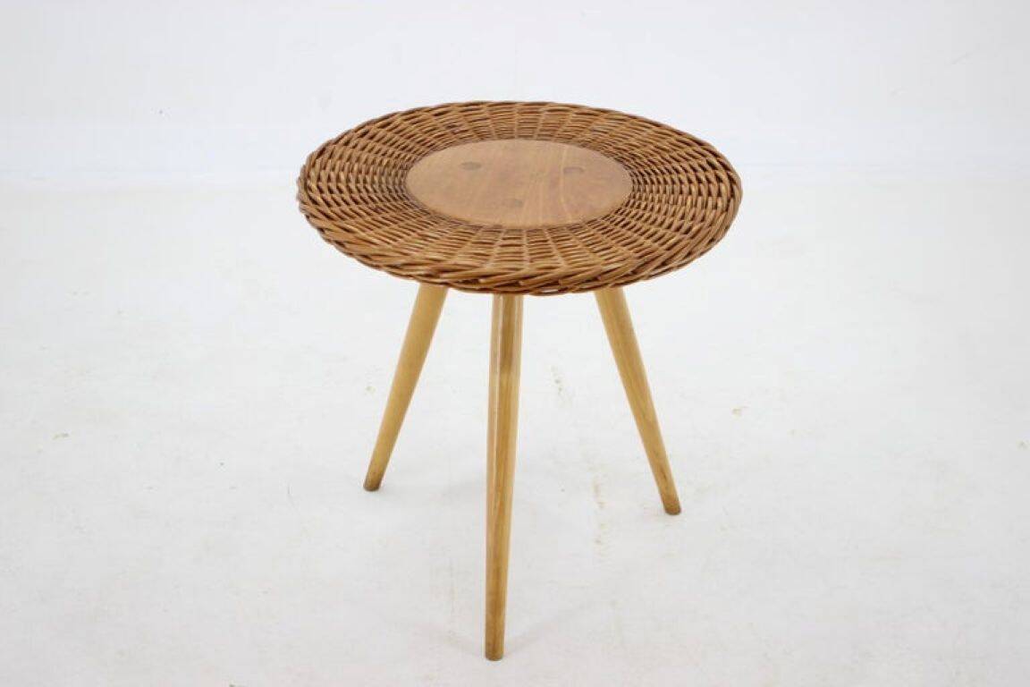 1970s Czech Wicker and Wood Side Table by Jan Kalous for ÚLUV