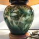 Ancient painted pottery Drimmer + wood + shade vintage pedestal vase lamp