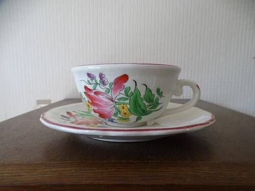 Kg luneville "street lamp" breakfast cup coffee tea earthenware flowers hand-painted - 1