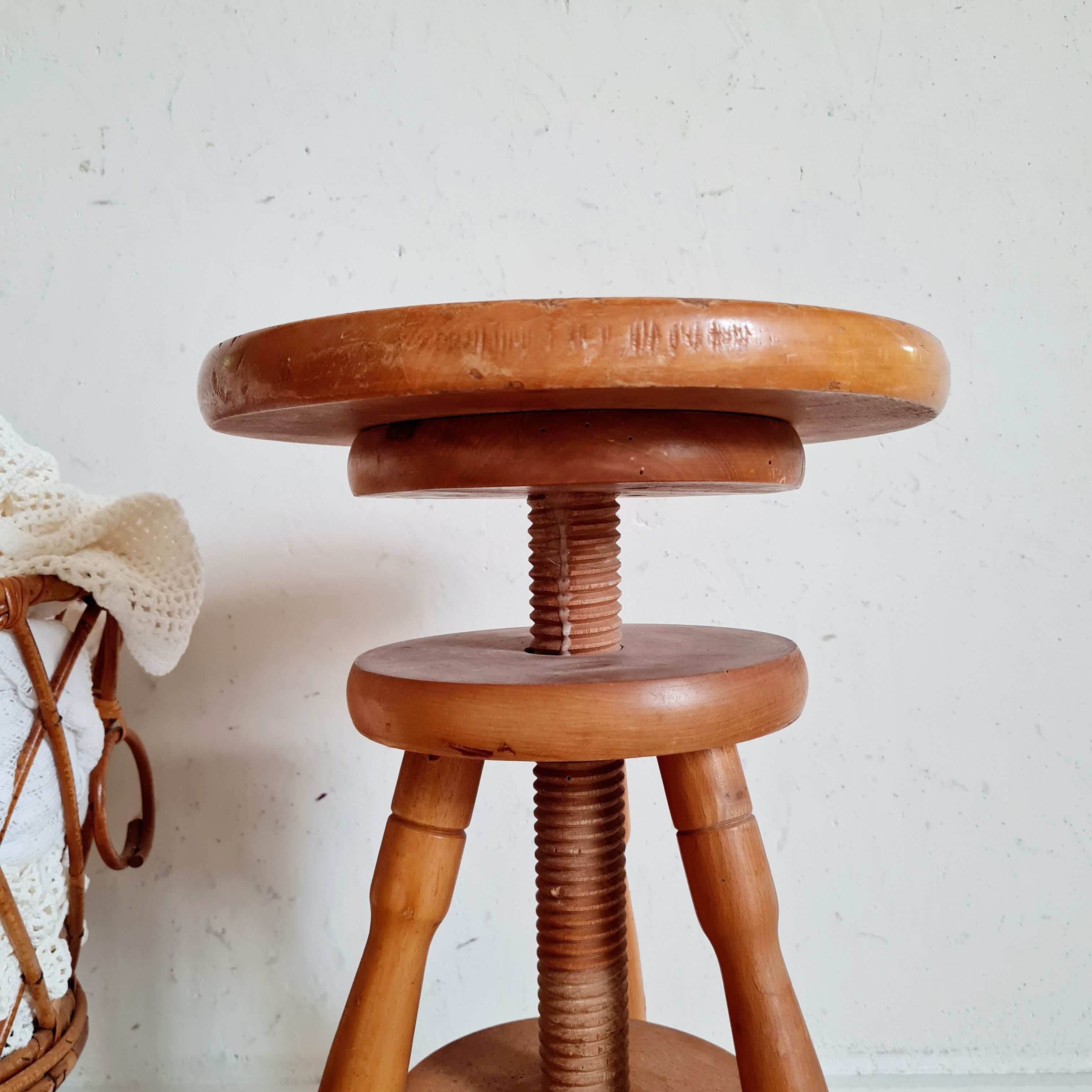 Adjustable antique wooden stool