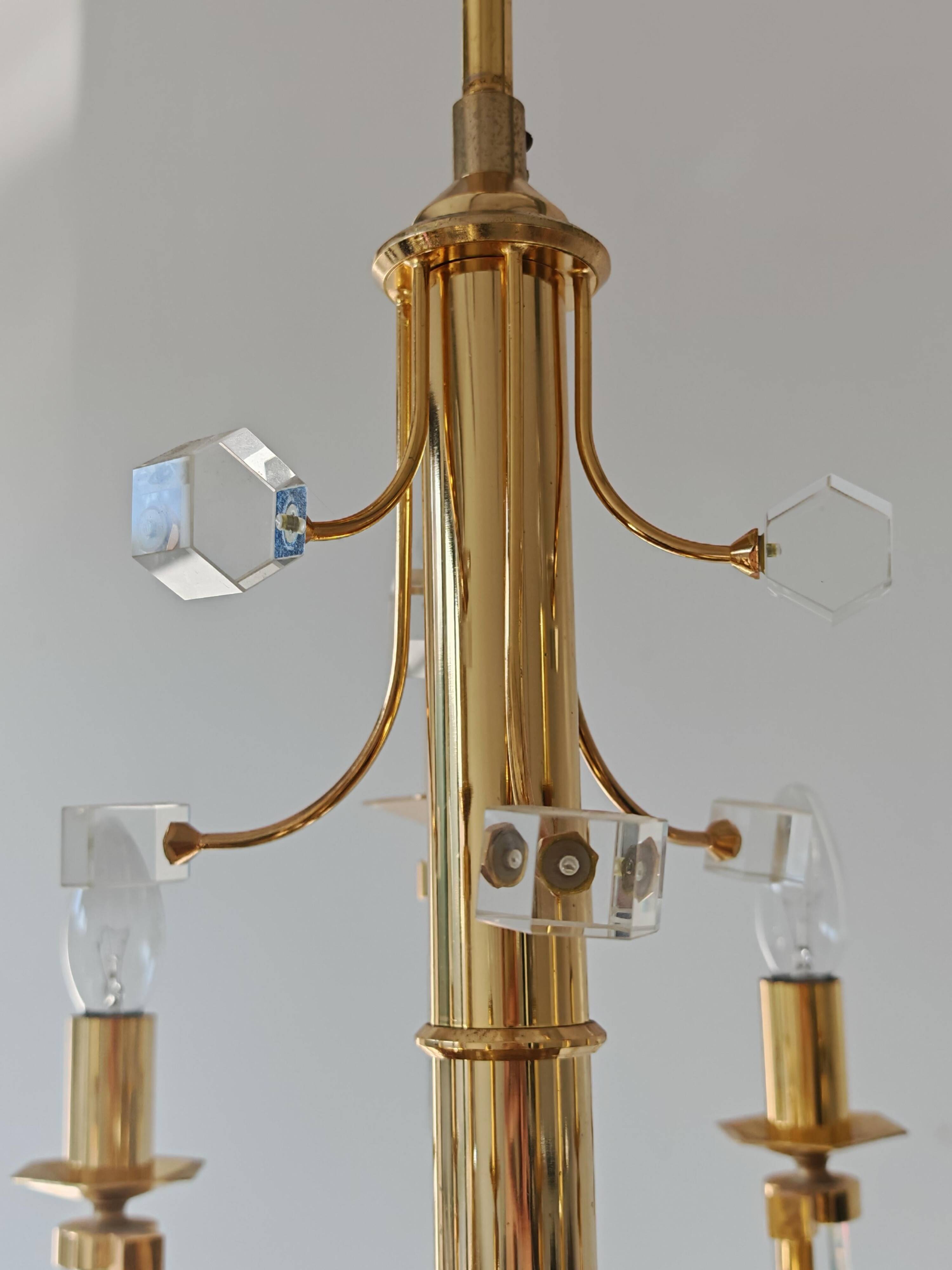Crystal and gilded brass chandelier Mid Century 1970s
