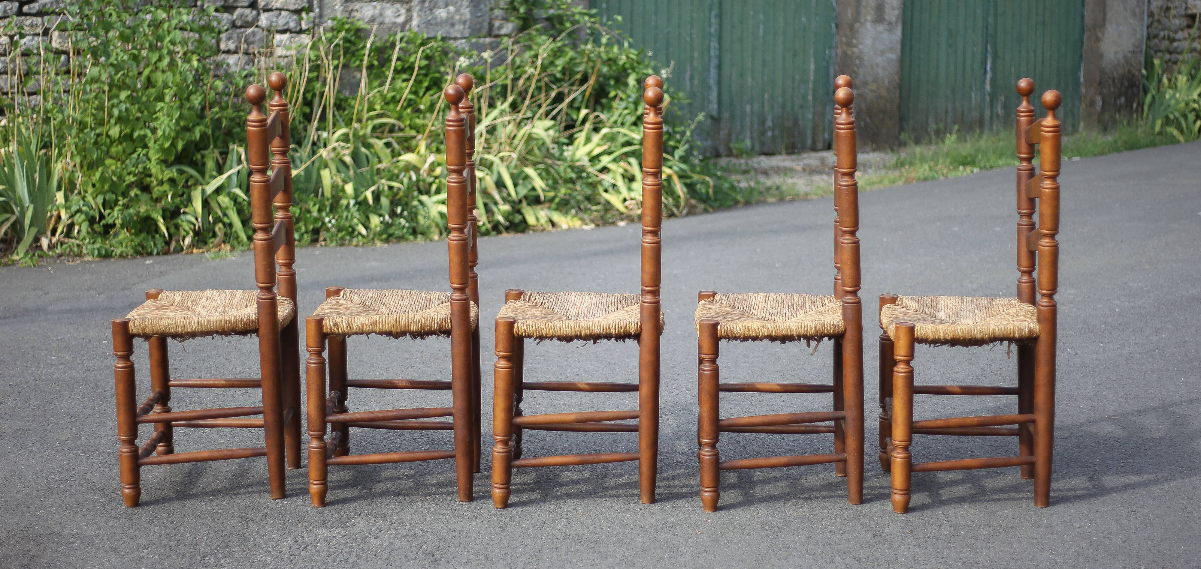 Set of 5 vintage wooden and straw chairs, straw chair, countryside