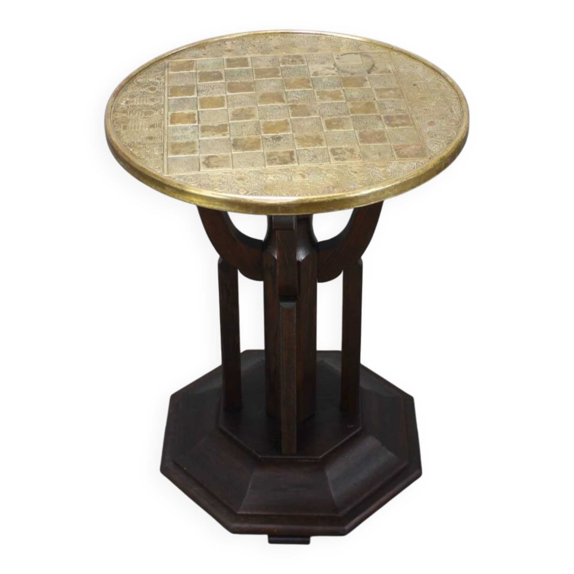 Art Deco chess table from the 1930s with a hand-decorated brass top and a stained oak base.