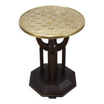 Art Deco chess table from the 1930s with a hand-decorated brass top and a stained oak base.