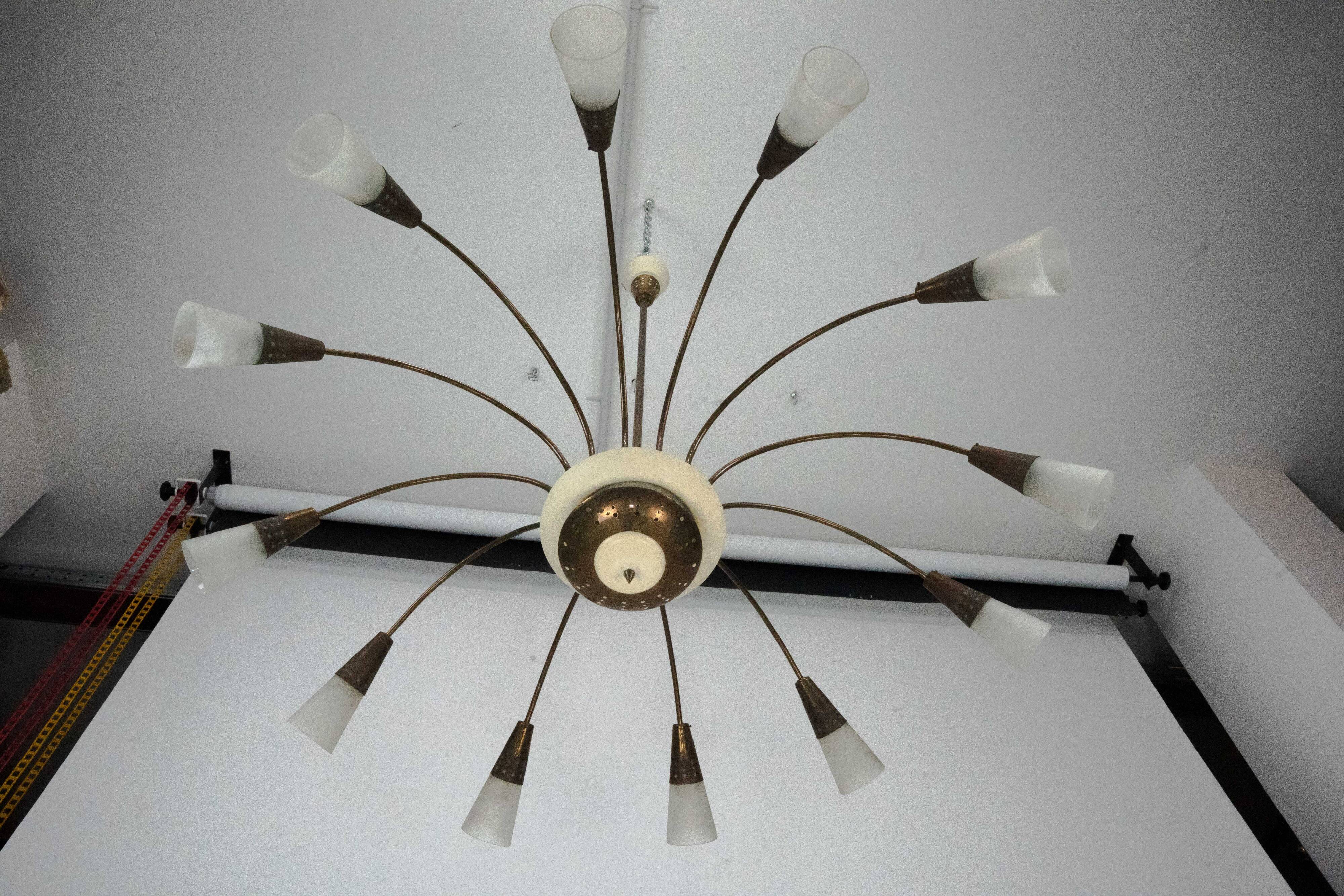 Large Italian Mid-Century Sputnik Brass Chandelier with Satin Glass, 1950s
