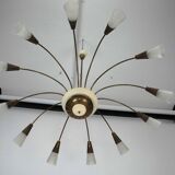 Large Italian Mid-Century Sputnik Brass Chandelier with Satin Glass, 1950s