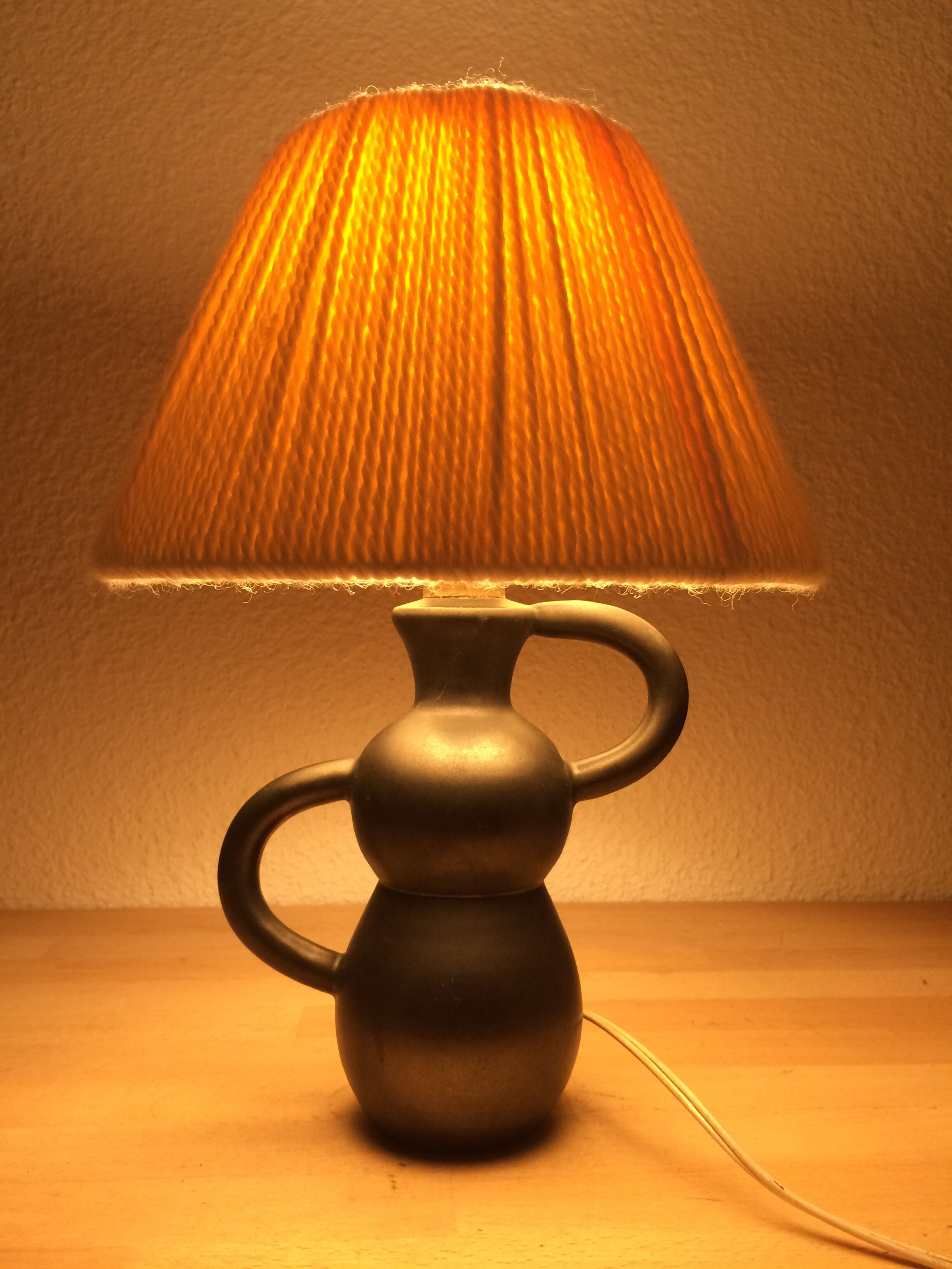Black ceramic lamp Henri Chatard, 50s, wool lampshade