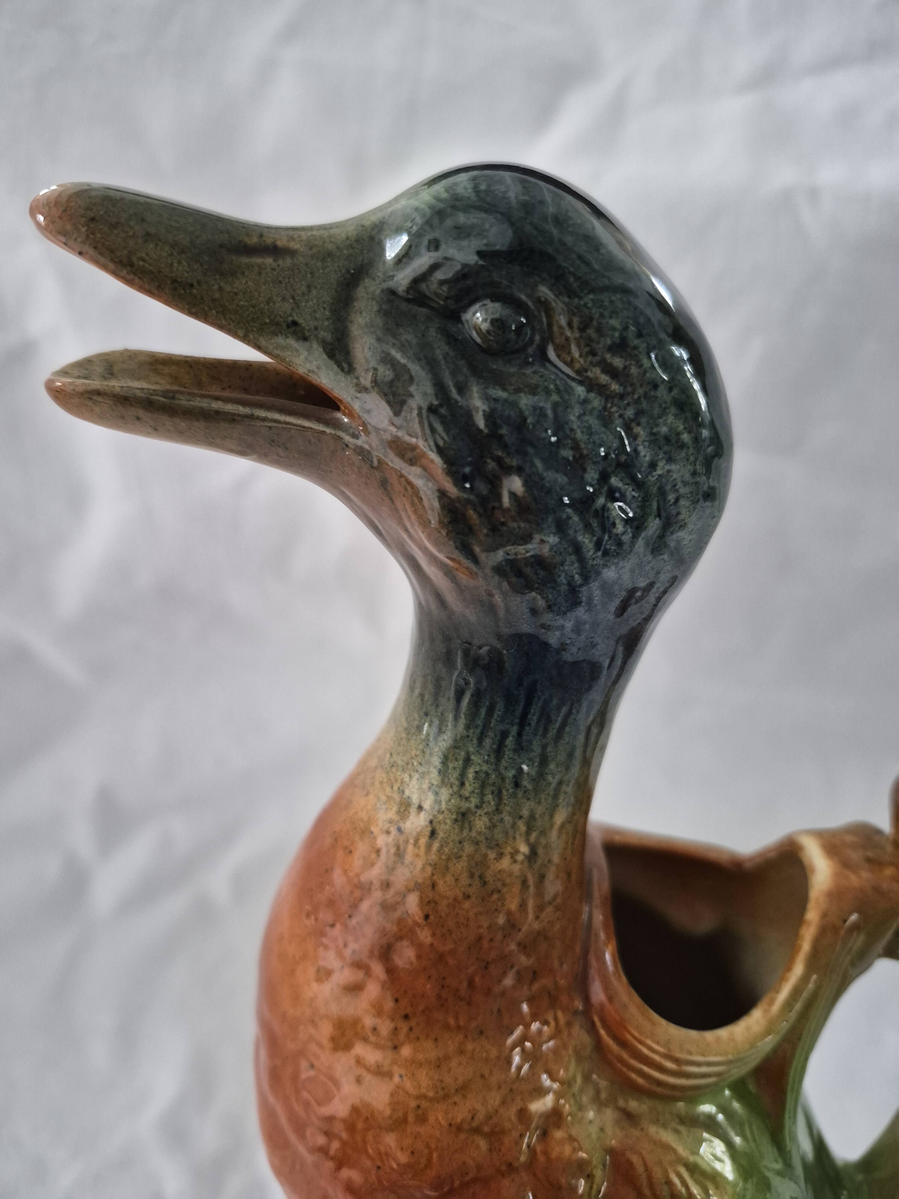 Old barbotine jug Saint Clément Mallard Duck A027