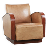 Art Deco design armchair made of cowhide leather in light cognac colour