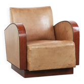 Art Deco design armchair made of cowhide leather in light cognac colour