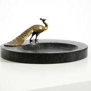 Beautiful, large black granite valet tray featuring a brass peacock, circa