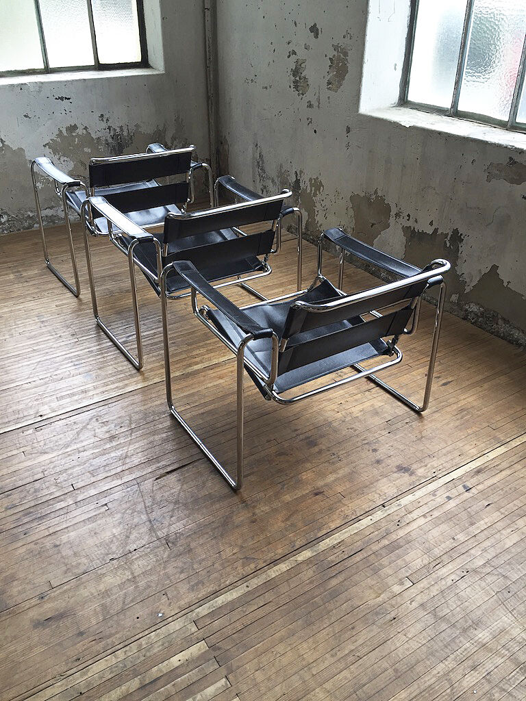 Bauhaus modernist leather chrome armchairs