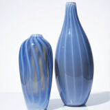 Pair of vintage smoky glass vases lined with opaline, Murano bubble glass.