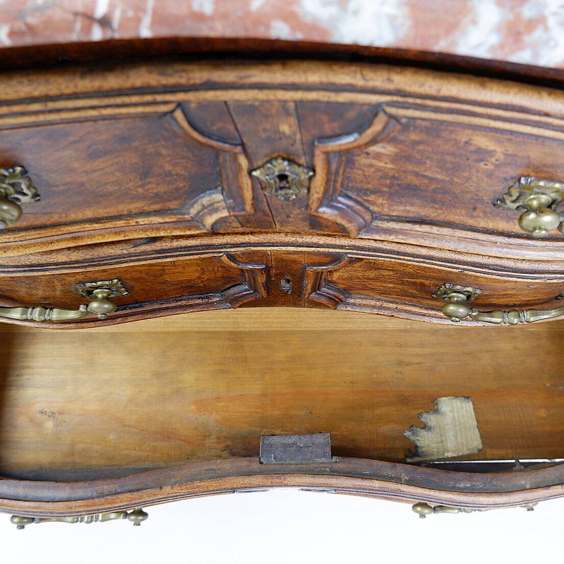 18th century walnut chest of drawers with red marble top