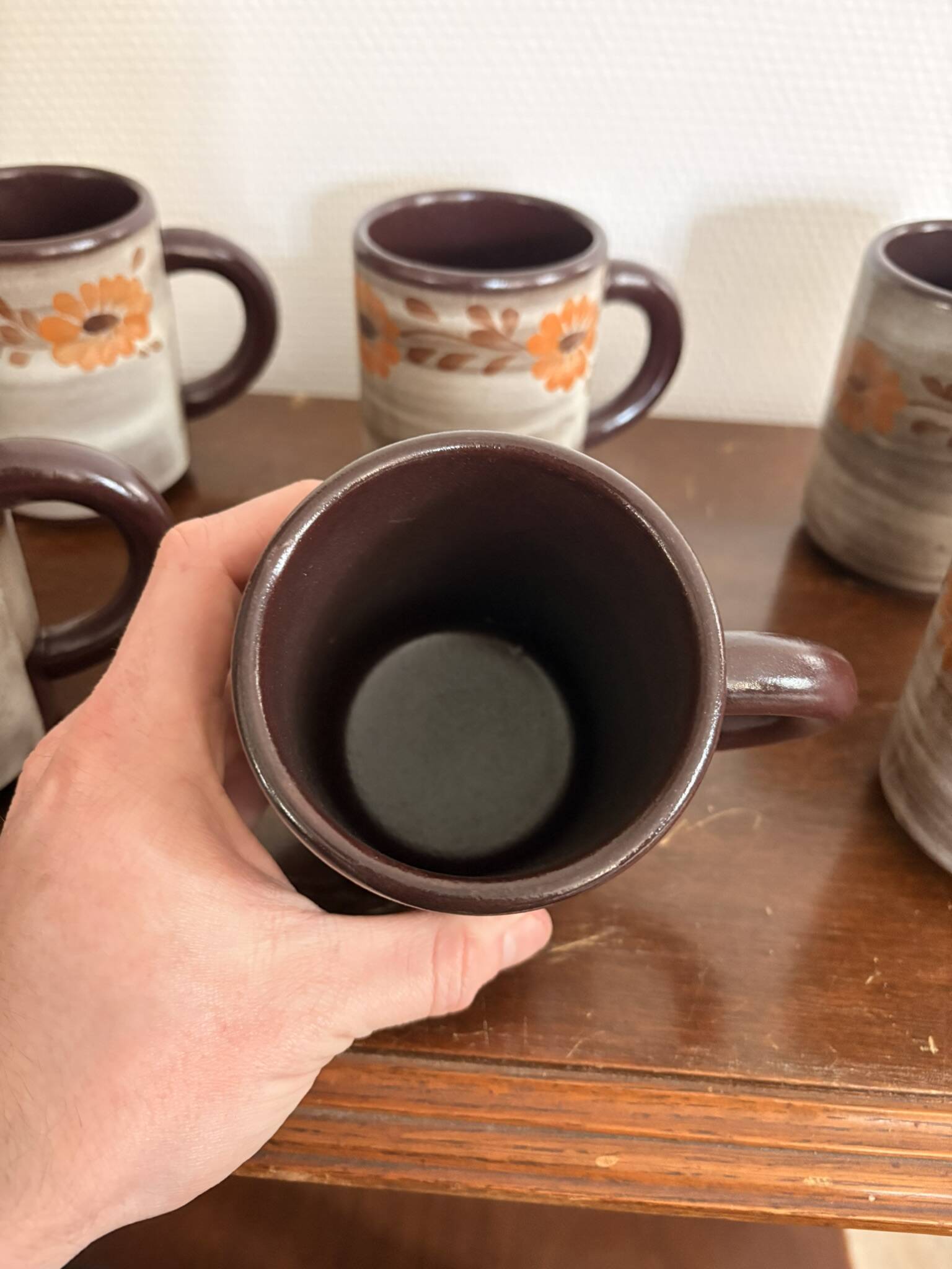 Vintage 6x Cup Ceramic Stoneware Flowers Floral Orange Brown 1970