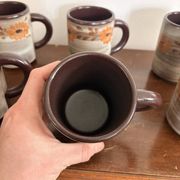 Vintage 6x Cup Ceramic Stoneware Flowers Floral Orange Brown 1970