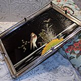 1930 art deco - plateau ancien chromé, verre et incrustation de nacre