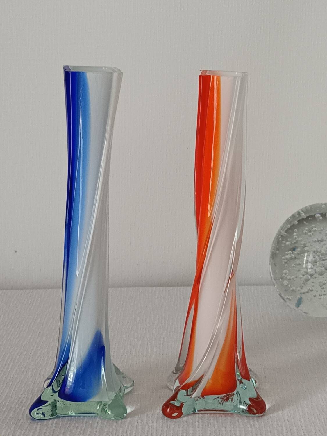 Pair of colored glass soliflores, 1960s