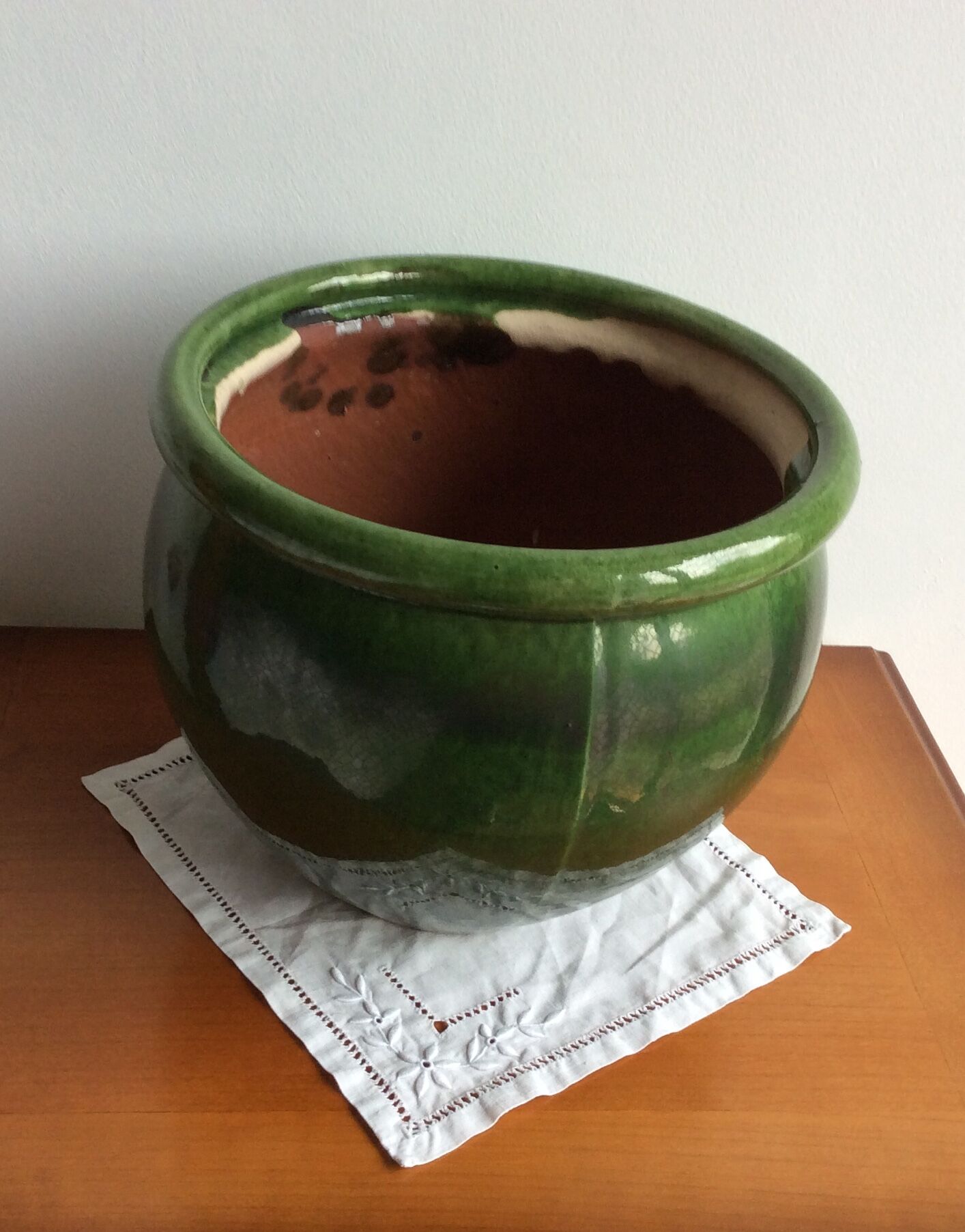 Old terracotta pot enamelled ball shape