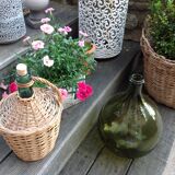 Green canister with wicker, vintage 60/70
