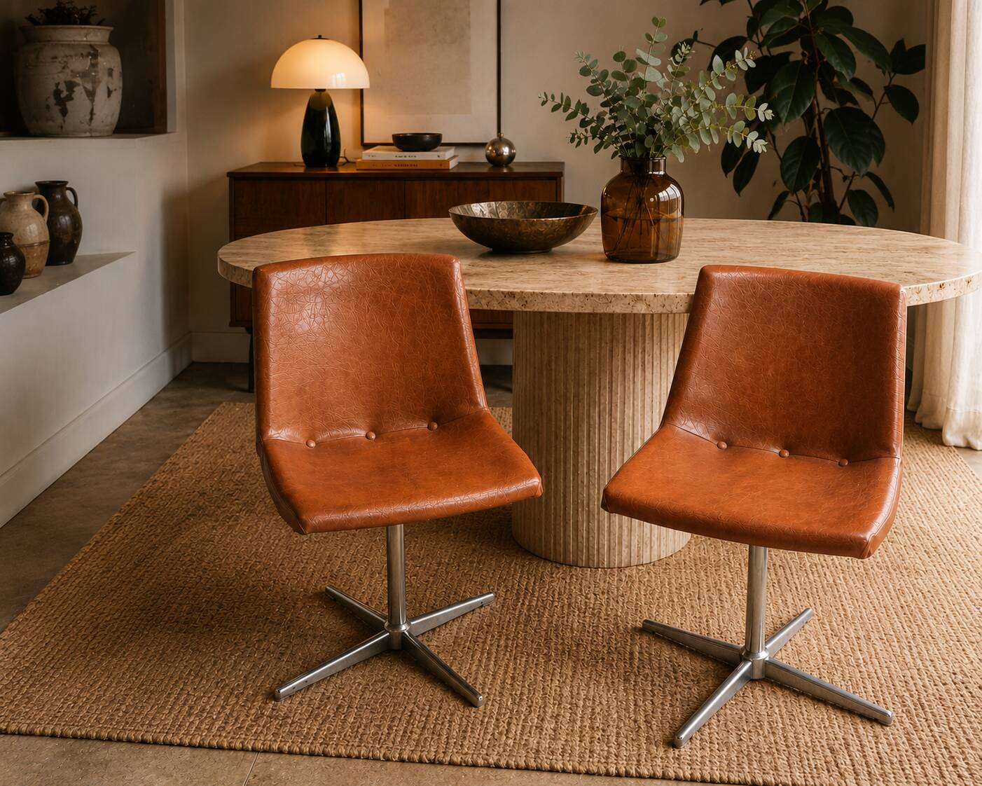 Paire de chaises pivotantes en Skaï cognac marron