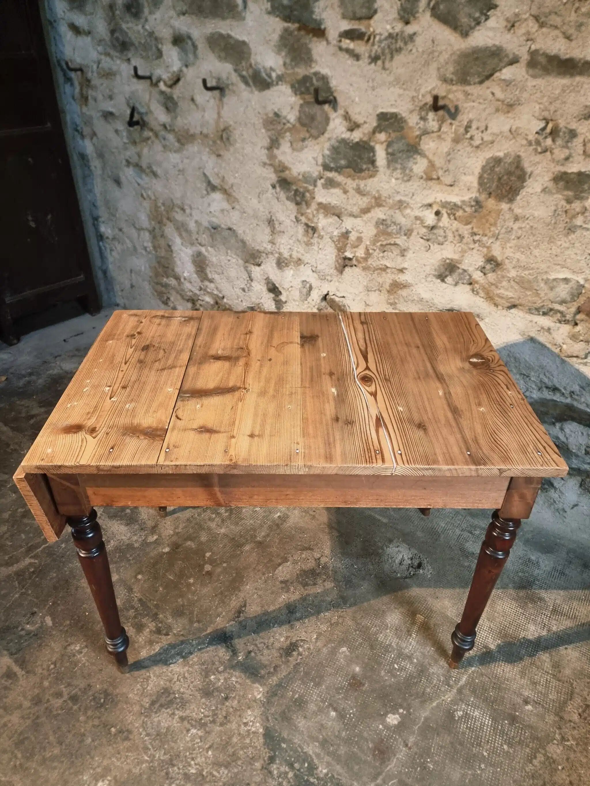 Vintage French pine table with extendable side, circa 1930, suitable for kitchen or office use.