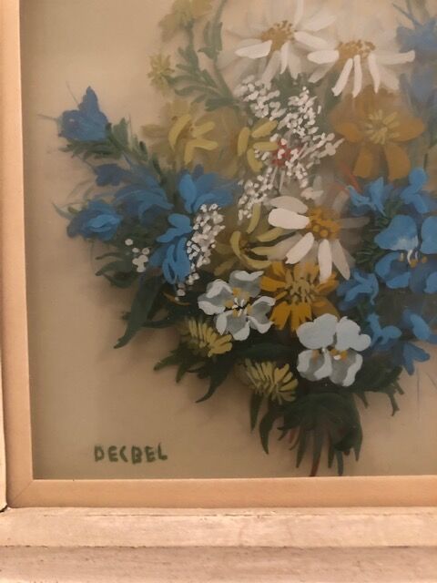 Peinture florale sur verre signée Decbel, années 50