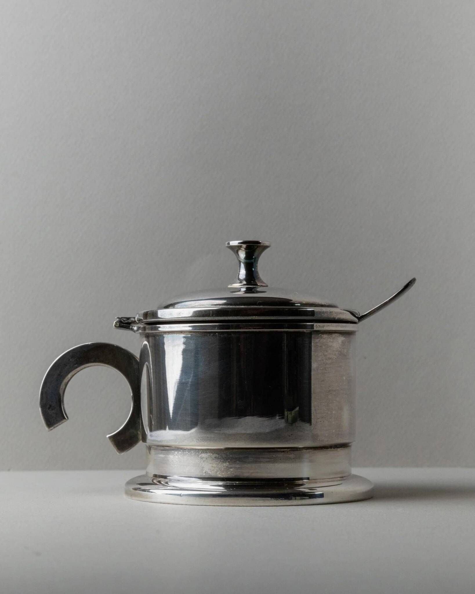 Argent Metal Silver-Plated Art Deco Lidded Box with Spoon, Italian 1930s Table Decor