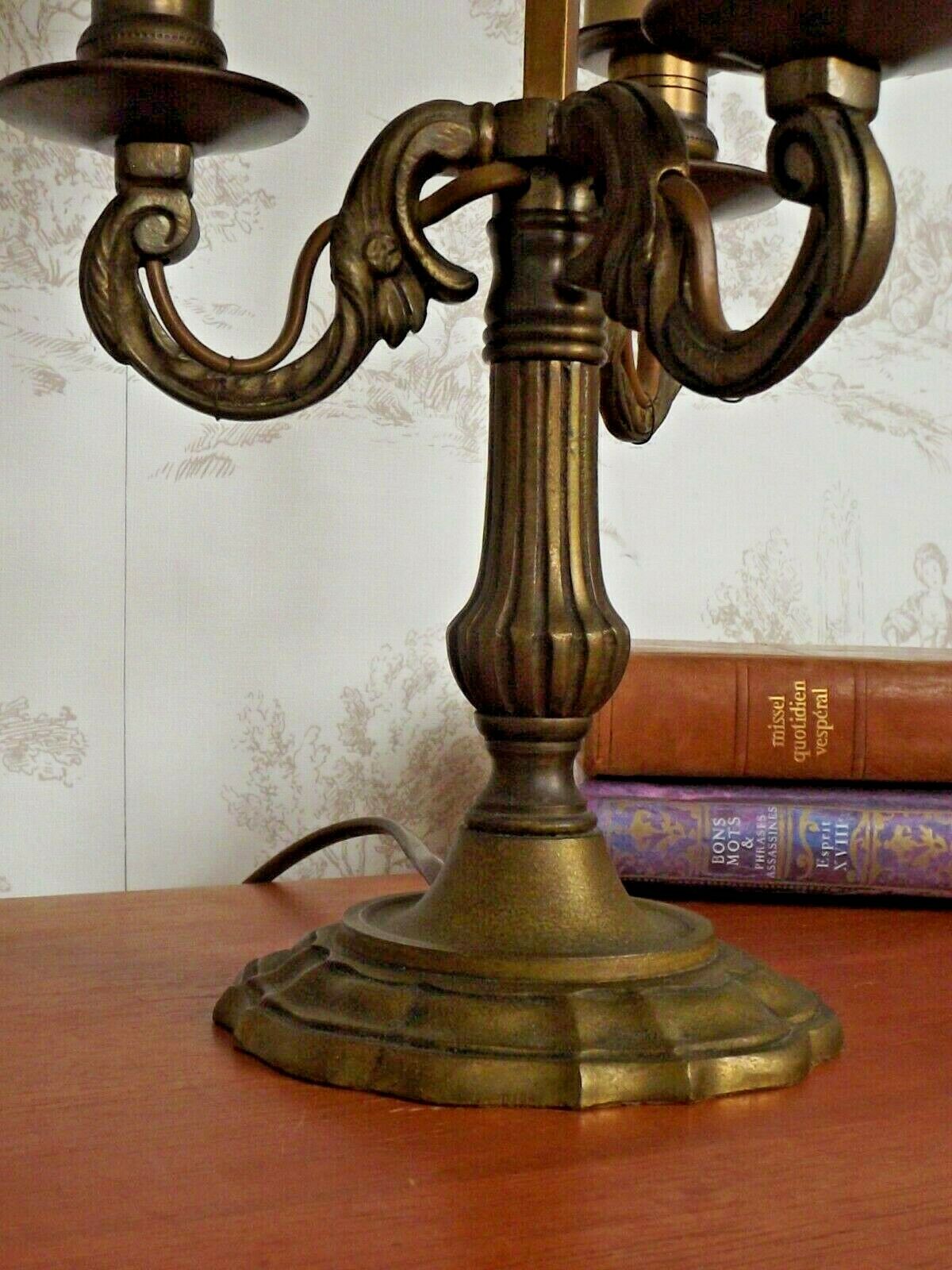 French empire style brass bouillotte table lamp green crackle effect shade