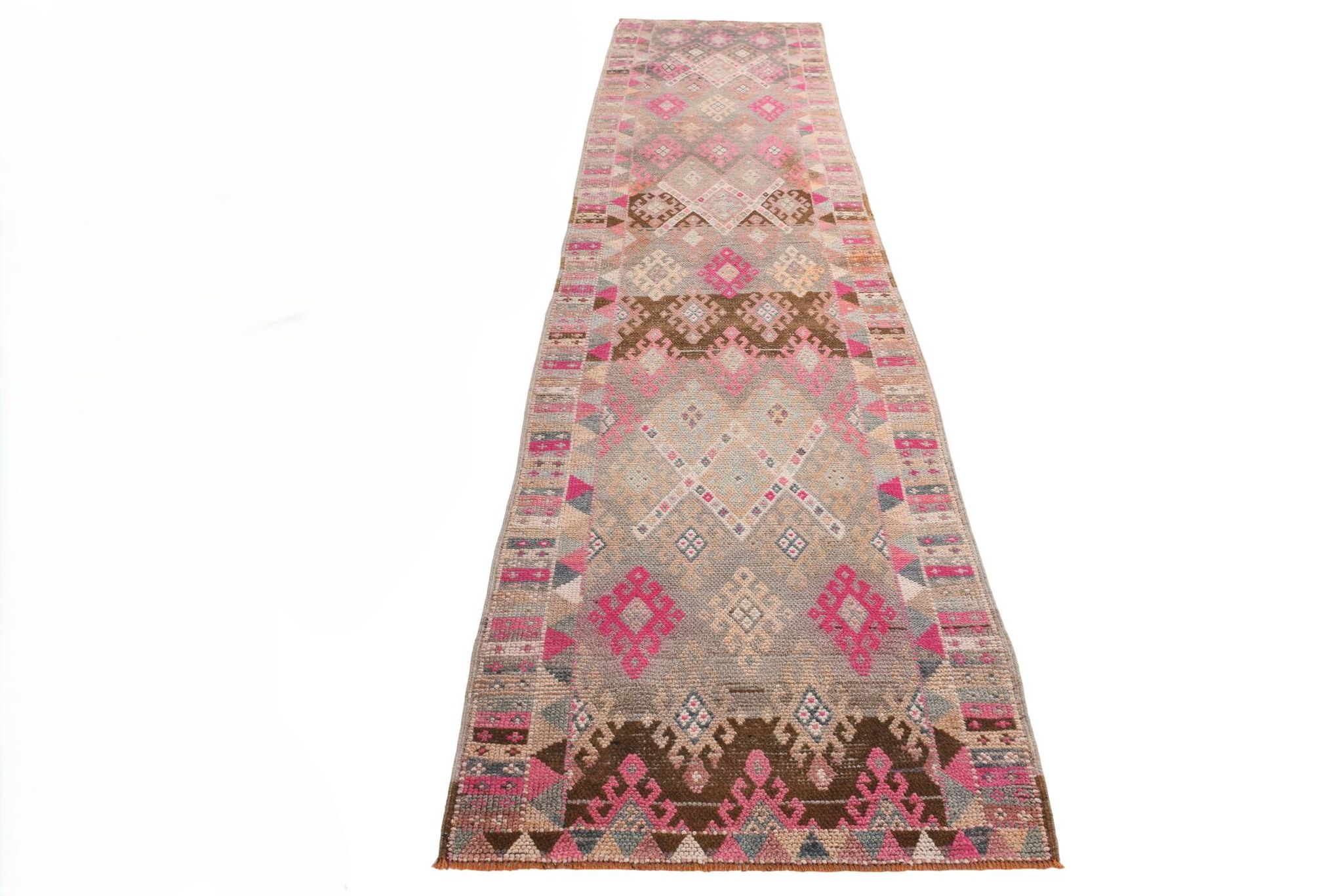 3x12 Pink & Brown Suğer Soft Modern Vintage Runner Rug, 92x376Cm