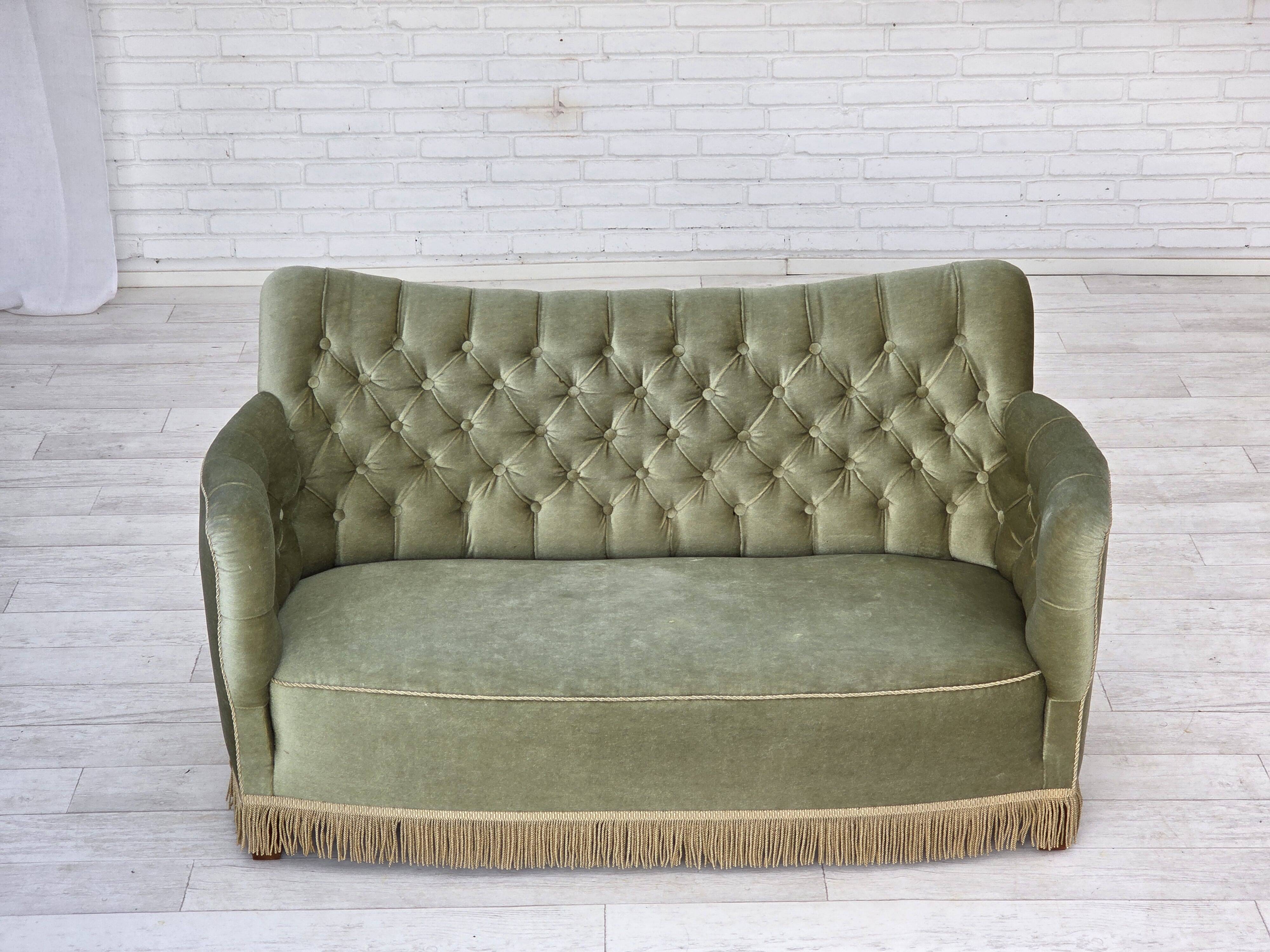 1960s, Danish 2-seater sofa, light green furniture velour, ash wood.