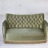 1960s, Danish 2-seater sofa, light green furniture velour, ash wood.