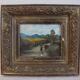 Painting on old panel framed and signed, cow and farmer