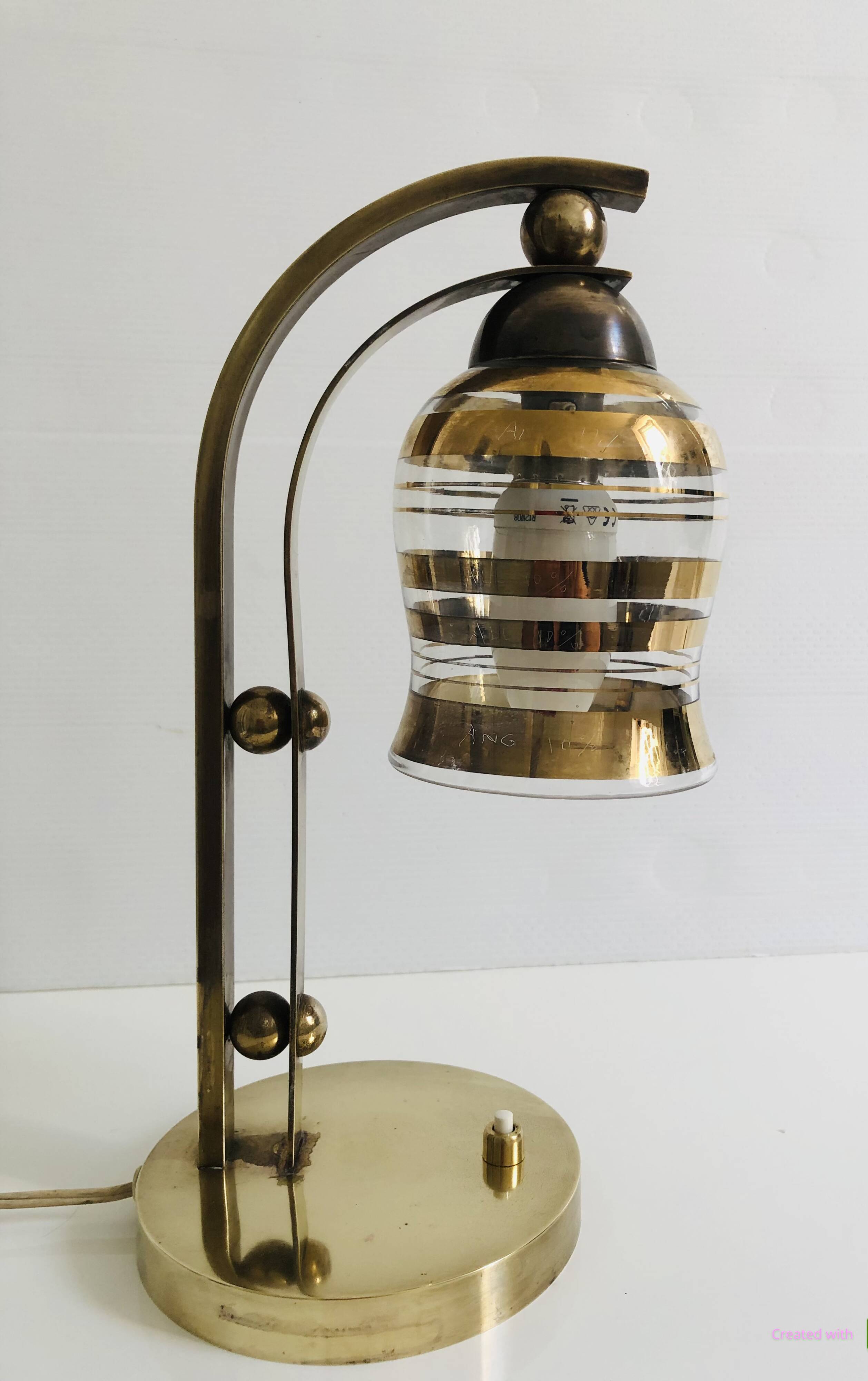 Table lamp style bauhaus years 40-50 brass with golden glass tulip