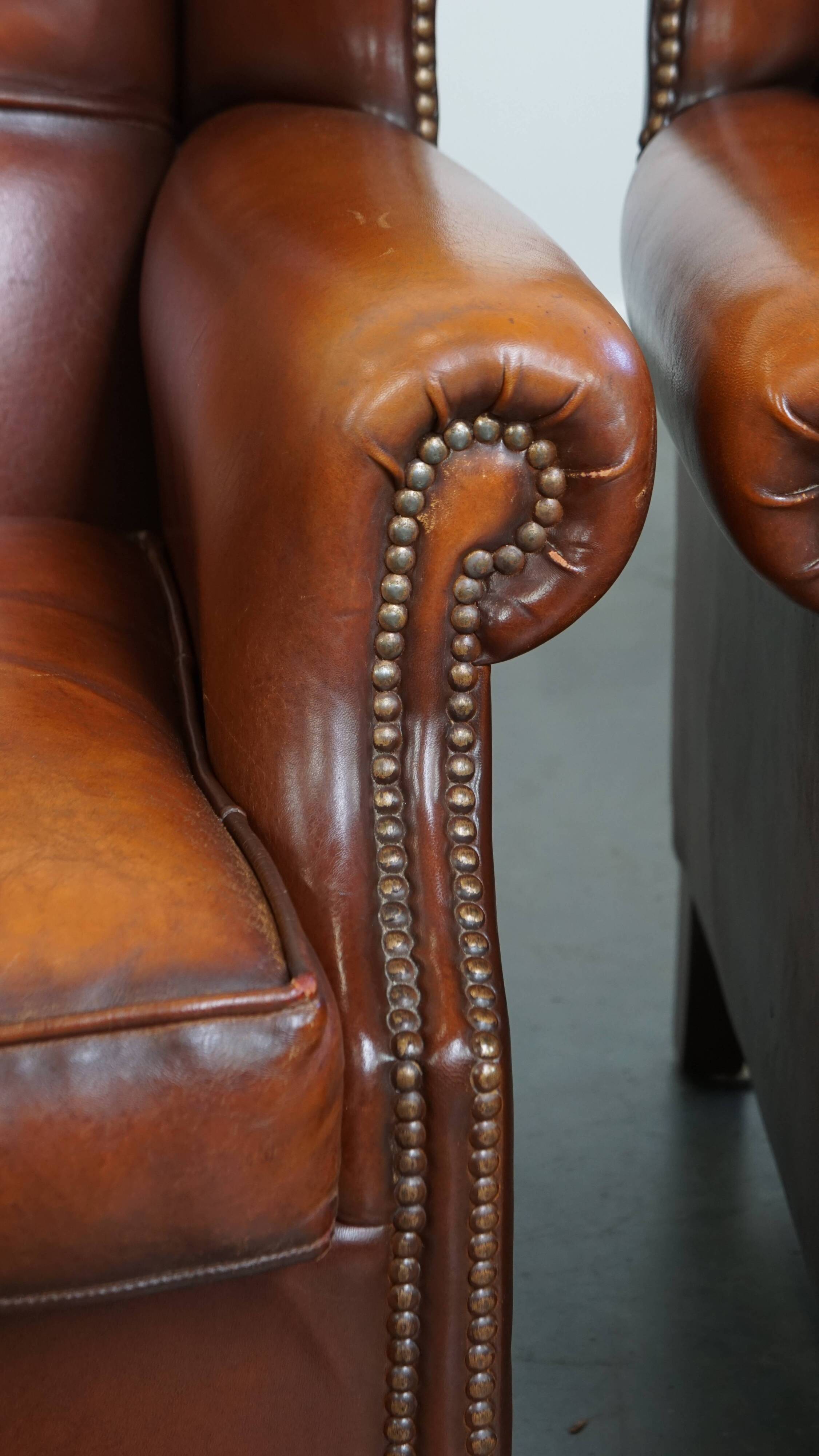 Set of 2 English style sheepskin leather wingback armchairs