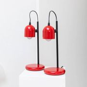 Set of 2 red metal table lamps with black stems, Memphis-Postmodern Italy 1980s