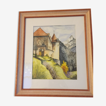 Watercolour Château de Gruyères Suisse by Yvonne Frémond