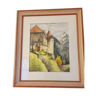 Watercolour Château de Gruyères Suisse by Yvonne Frémond