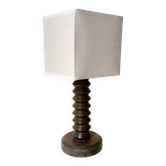 Rustic wooden turned lamp base from the 1950s, vintage rustic lighting.