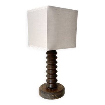 Rustic wooden turned lamp base from the 1950s, vintage rustic lighting.