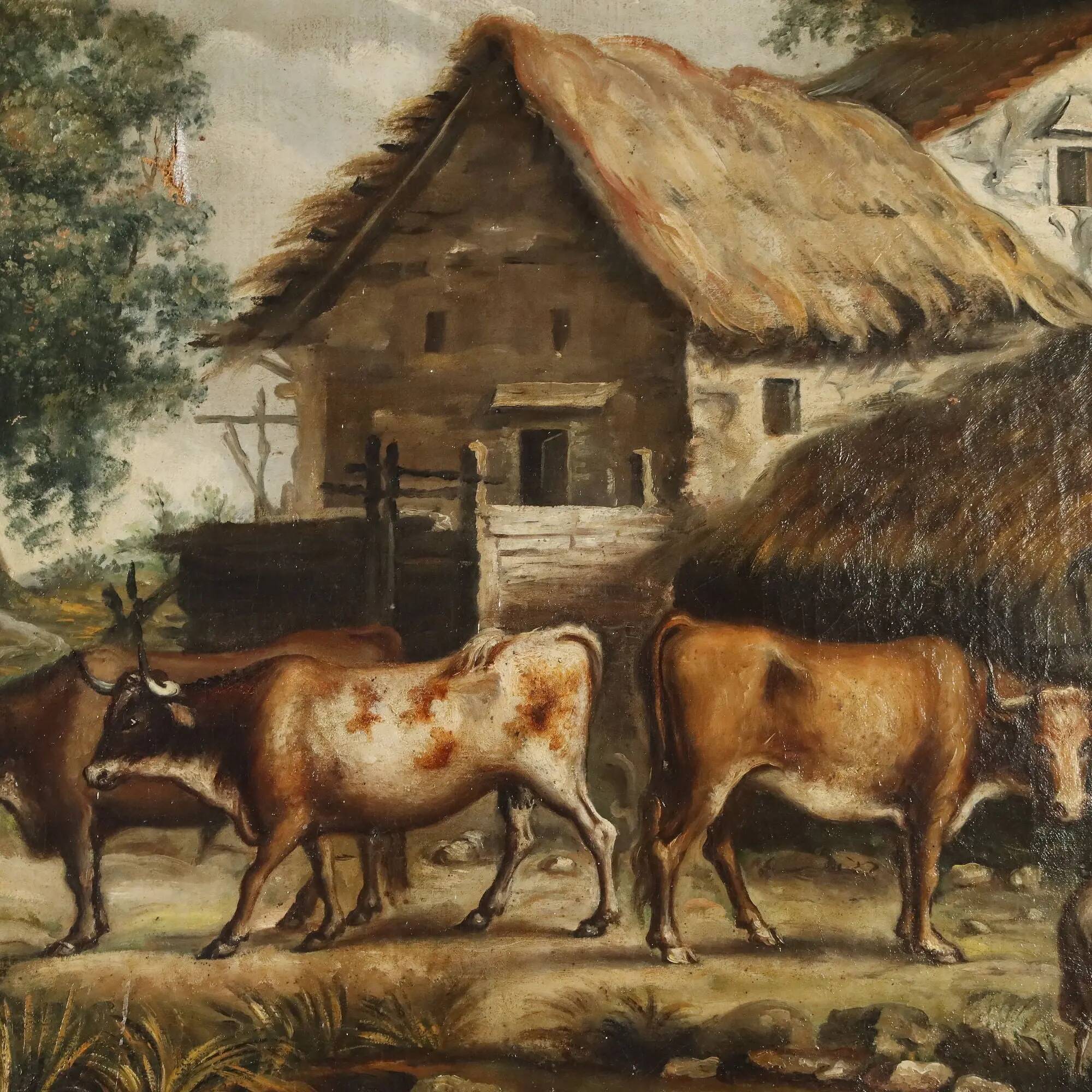 Ancient painting of a bucolic landscape, oil on canvas, Europe, 19th century.