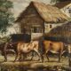 Ancient painting of a bucolic landscape, oil on canvas, Europe, 19th century.