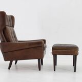 1970 Svend Skipper High Back Armchair and Stool in Brown Leather, Denmark