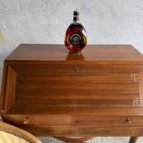 DeCoene antique wood writing desk with beige striped upholstered chair, brass-accented classic set