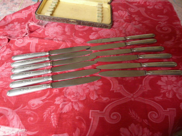 Series of 12 antique silver metal knives in their box